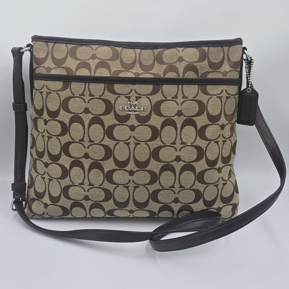 COACH F36378 Signature File Bag Khaki Jacquard with Mahogany Leather Trim